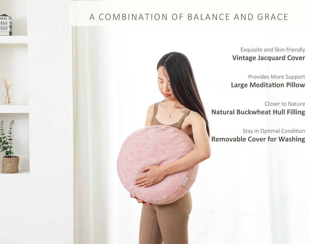 Meditation Cushion, Comfortable Meditation Pillow with Peacock Feather Jacquard Cover. Buckwheat Hull Filled Zafu Floor Pillow 16 * 16 * 5 in