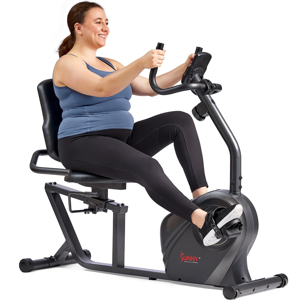 Sunny Health & Fitness Smart Heavy-Duty Recumbent Bike w/Wide Cushioned Seat & Back, Indoor Cycling Machine for Adult/Seniors Home Exercise, Free SunnyFit App Connect, Optional Workout Training Bands