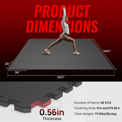 SUPERJARE 0.56'' Thick 12 Pcs 48 Sq Ft Rubber Top Exercise Equipment Mats, High Density EVA Foam Mats with Rubber Top, Interlocking Gym Flooring for Home Gym, Protective Workout Mat, Black/Grey