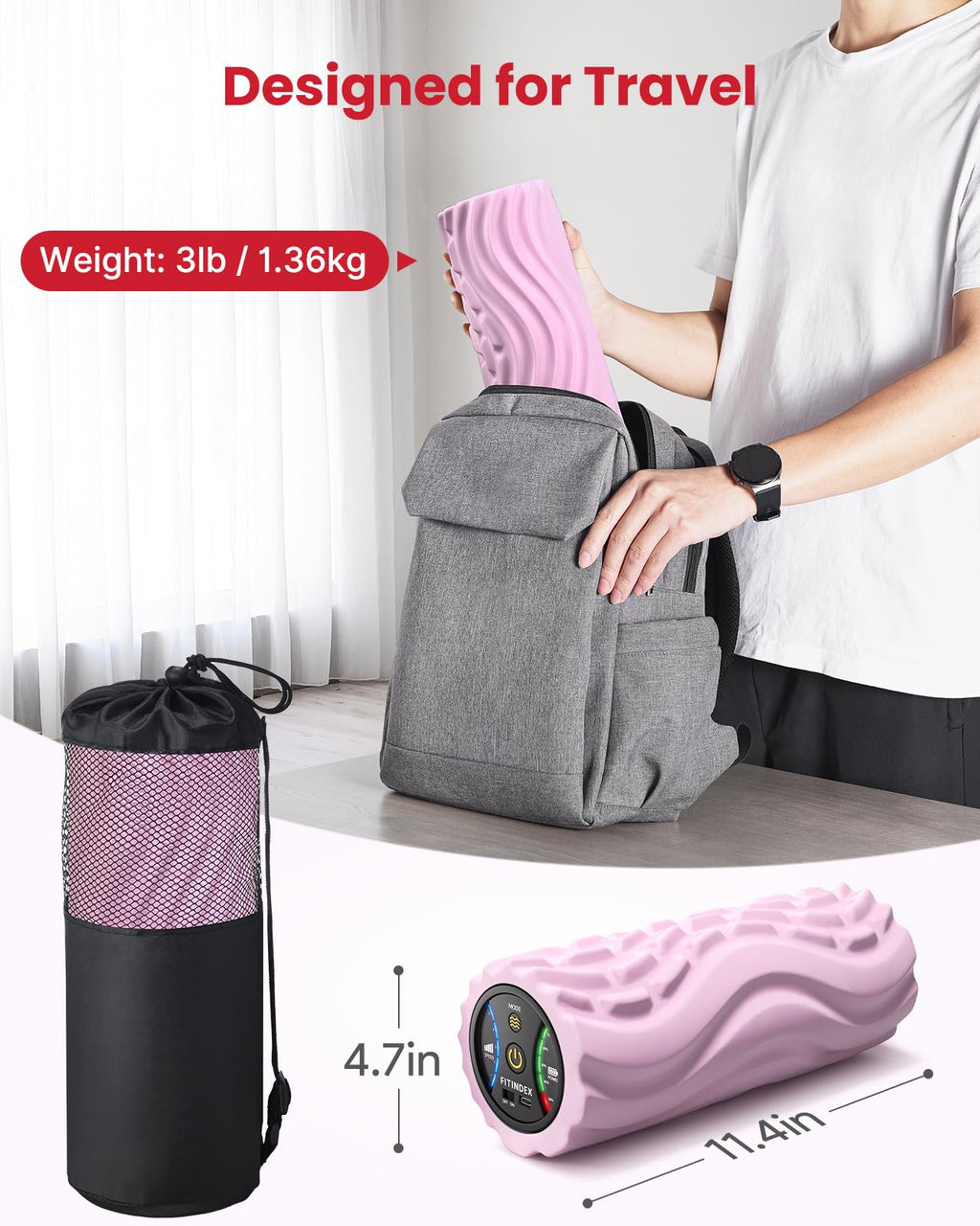 FITINDEX Vibrating Foam Roller for Back Pain, 5-Speed Muscle Massage, FSA HSA Eligible, Exercise, Muscles Deep Tissue, Physical Therapy, Pilates, Yoga, Neck, Leg, Rechargeable, Travel Portable Gray