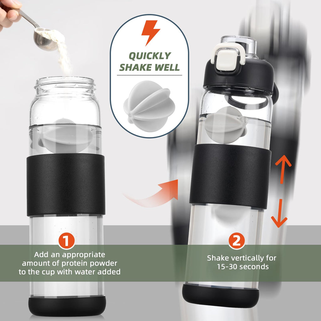 Glass Water Bottle for Protein Mixes 24 oz Protein Shaker Bottles with Whisk Ball Portable Leak Proof Shaker Blender for Fitness BPA Free