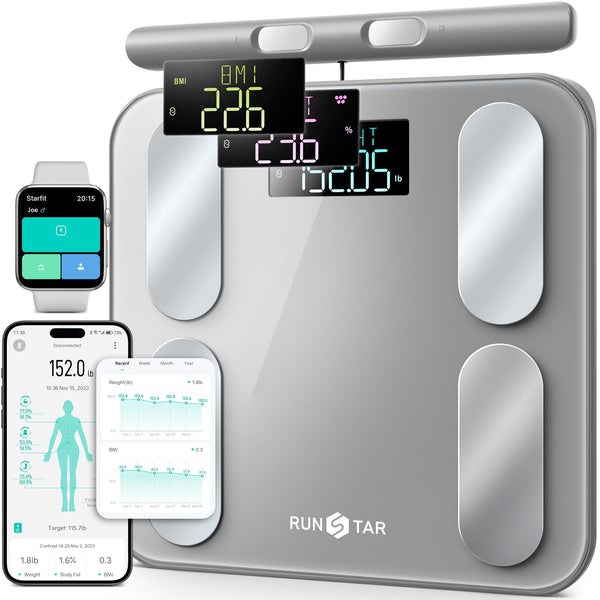 RunStar Digital Bathroom Scale for Body Weight, Body Fat, BMI 28 Measurements, Innovative 8-Electrode Smart Scales FSA&HSA Eligible with Voice Prompt Function High Accurate Bluetooth Weight Machine