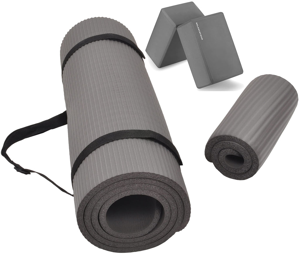 Fitvids All Purpose 1/2-Inch Extra Thick High Density Anti-Tear Exercise Yoga Mat and Knee Pad with Carrying Strap and Optional Yoga Blocks, Multiple