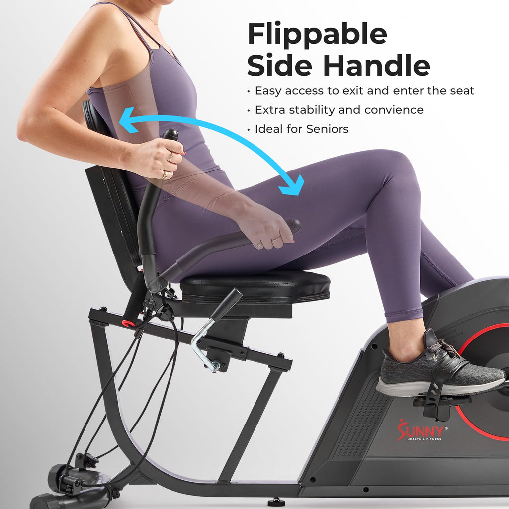 Sunny Health & Fitness Smart Heavy-Duty Recumbent Bike w/Wide Cushioned Seat & Back, Indoor Cycling Machine for Adult/Seniors Home Exercise, Free SunnyFit App Connect, Optional Workout Training Bands