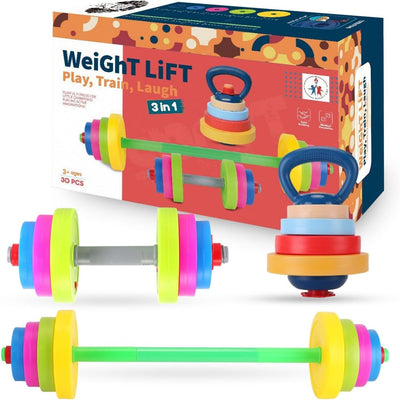 Kids Exercise Weight Set - 3-in-1 Adjustable Workout Toy Equipment for Children Pretend Play Exercise - Toddler Beginner Gym, Fitness, Weightlifting and Powerlifting (Dumbbell, Barbell, Kettlebell)