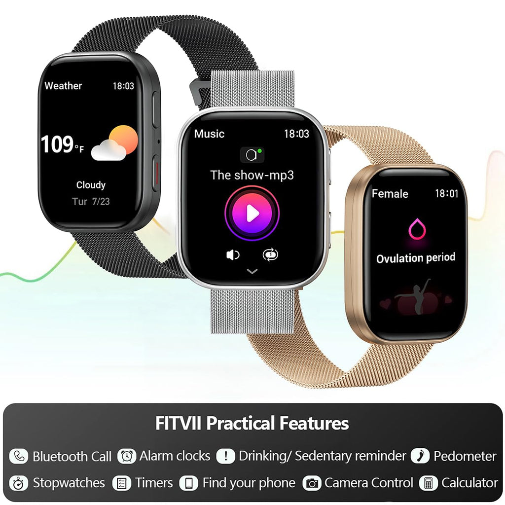 FITVII Health & Fitness Tracker (Answer/Make Calls), Smart Watch with 24/7 Heart Rate and Blood Pressure, Sleep Tracking, Blood Oxygen Monitor, 120+ Sport Modes Activity Tracker for Women Men