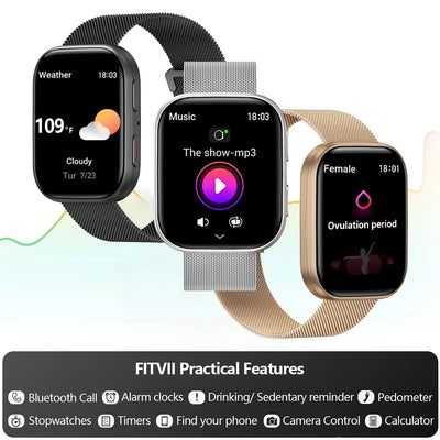 FITVII Health & Fitness Tracker (Answer/Make Calls), Smart Watch with 24/7 Heart Rate and Blood Pressure, Sleep Tracking, Blood Oxygen Monitor, 120+ Sport Modes Activity Tracker for Women Men