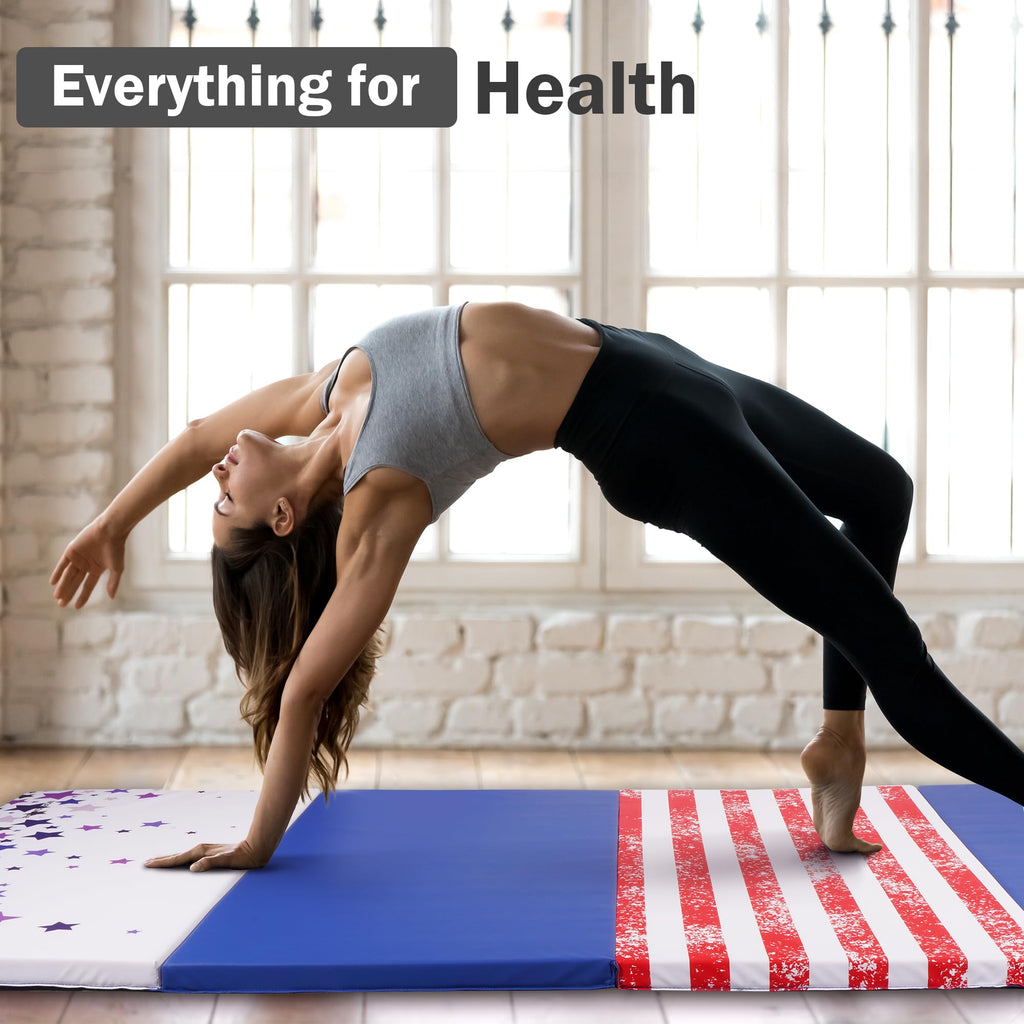 Fitvids Folding Exercise Gymnastics Mat, 4'x8'x2" Gym Workout Mat with Carrying Handles 4-Fold High-Density Anti-Tear Portable Fitness Aerobics Mat for Home Gym Yoga Pilates Tumbling MMA Core Training