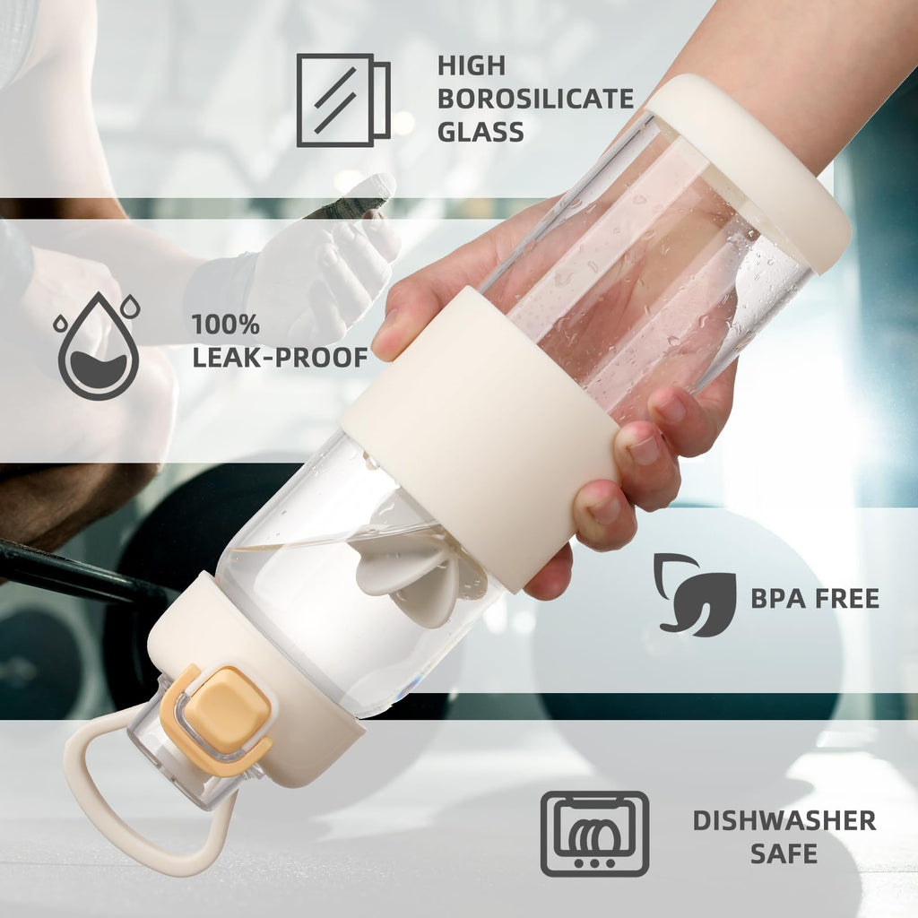 Glass Water Bottle for Protein Mixes 24 oz Protein Shaker Bottles with Whisk Ball Portable Leak Proof Shaker Blender for Fitness BPA Free