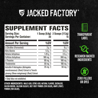 Jacked Factory NITROSURGE Pre Workout Supplement - Endless Energy, Instant Strength Gains, Clear Focus, Intense Pumps - NO Booster & Preworkout Powder with Beta Alanine - 30 Servings, Cherry Limeade