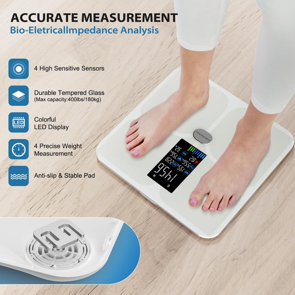 ABLEGRID Body Fat Scale,Digital Smart Bathroom Scale for Body Weight, Large Color Display Screen, 16 Body Composition Metrics BMI, Water Weigh, Heart Rate, Baby Mode, 400lb, Rechargeable