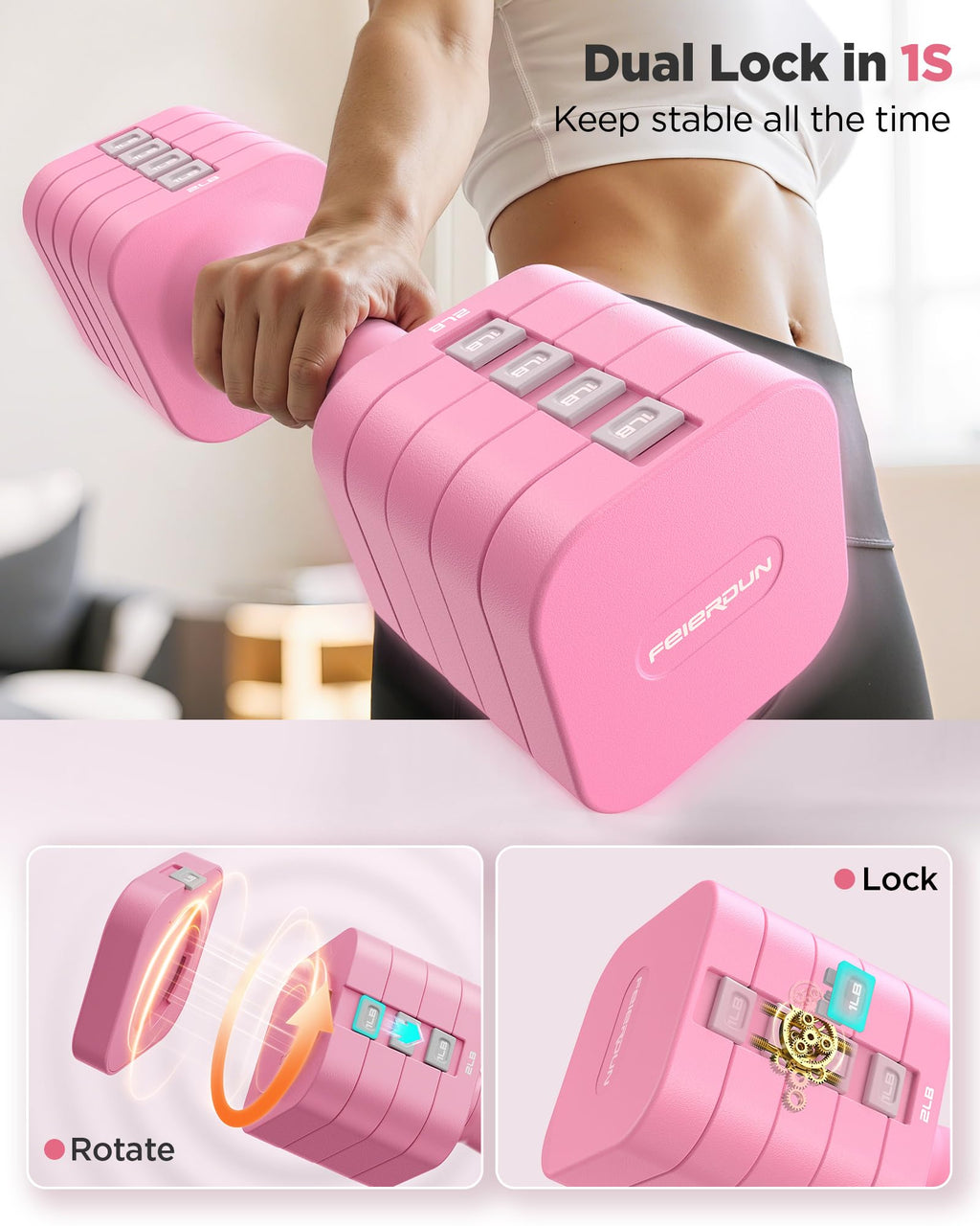 FEIERDUN 5-in-1 Adjustable Dumbbell Set of 2, 20LBS/10LBS Hand Weights for Women, 1s-Adjust Dual-Stable Dumbbell Set for Women Home Gym & Outdoor