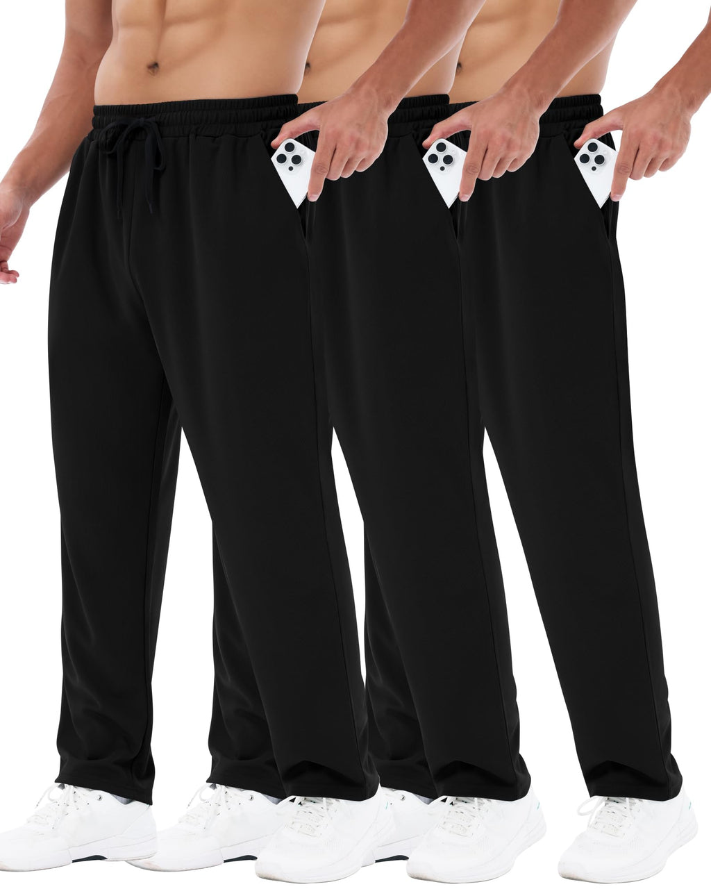3 Pack Mens Sweatpants with Pockets - Mesh Open Bottom Athletic Joggers for Men Loose Fit Gym Workout Running Casual Pants