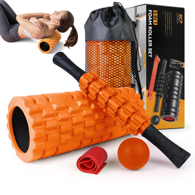 5 in1 Foam Roller Set, Trigger Point Foam Roller, Massage Roller Stick, Massage Ball, Resistance Band for Deep Muscle Massage Pilates Yoga,Fitness Exercise for Whole Body (Black-Red)