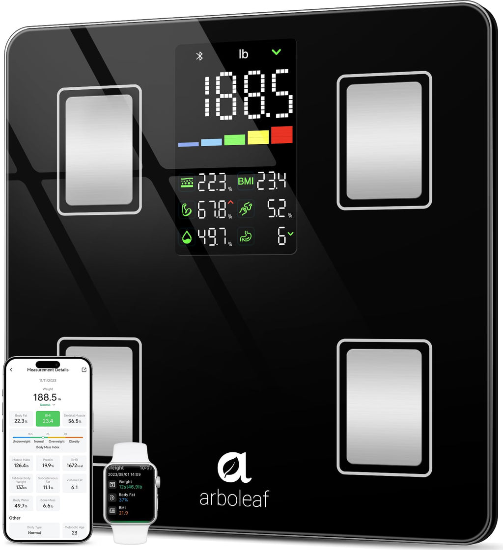 Arboleaf Smart Scale with BMI, Body Fat, Muscle Mass, 14 Composition Metrics, Large LED Display, Digital Bathroom Scale for Weight, Accurate Weighing Machine, App Sync, 500lbs, 11.8"