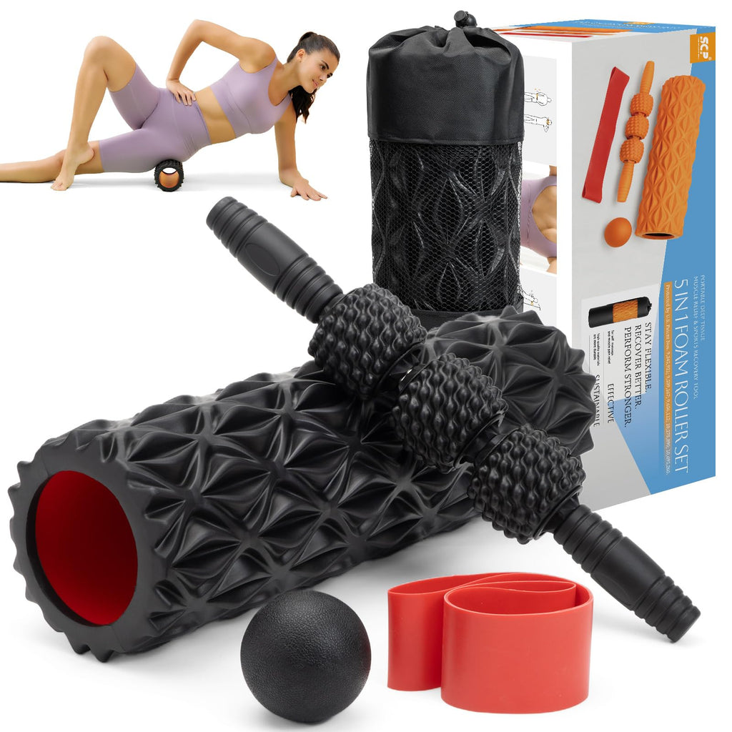 5 in1 Foam Roller Set, Trigger Point Foam Roller, Massage Roller Stick, Massage Ball, Resistance Band for Deep Muscle Massage Pilates Yoga,Fitness Exercise for Whole Body (Black-Red)