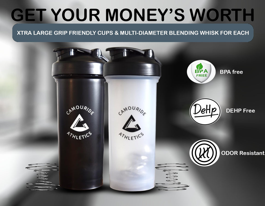 2 Pack 45 oz Protein Shaker Bottles with Wire Whisk – BPA-Free, Leak-Proof Shaker Cups for Protein Shakes & Smoothies – Large Plastic Mixer Bottle – Classic White & Cobalt Blue.