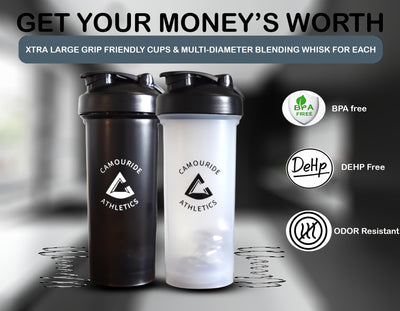 2 Pack 45 oz Protein Shaker Bottles with Wire Whisk – BPA-Free, Leak-Proof Shaker Cups for Protein Shakes & Smoothies – Large Plastic Mixer Bottle – Classic White & Cobalt Blue.