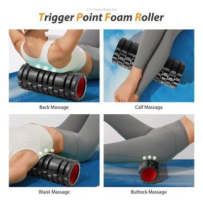 5 in1 Foam Roller Set, Trigger Point Foam Roller, Massage Roller Stick, Massage Ball, Resistance Band for Deep Muscle Massage Pilates Yoga,Fitness Exercise for Whole Body (Black-Red)