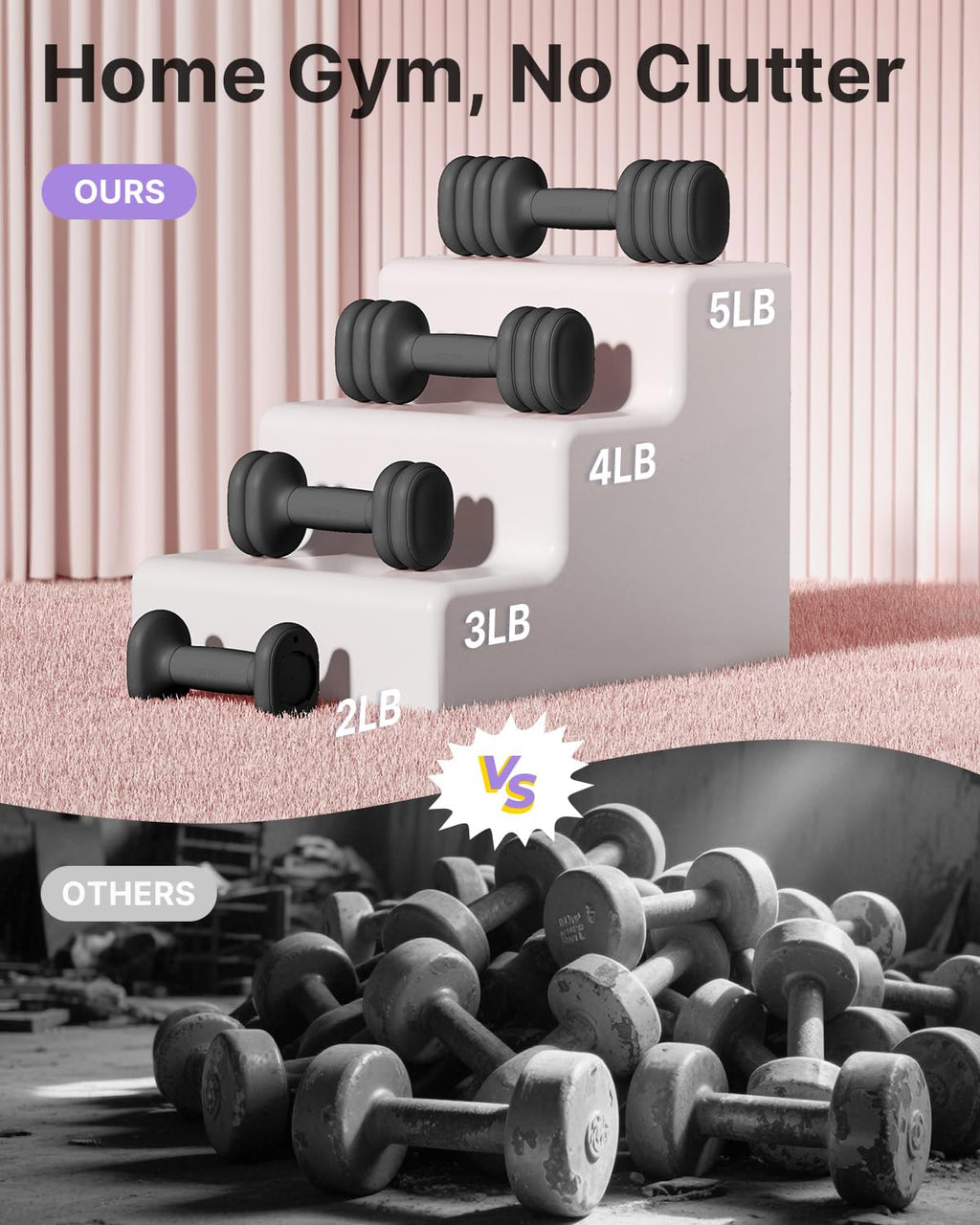 YOTTOY Adjustable Dumbbell Set of 2, 4-in-1 Hand Weights for Women at Home, Compact Free Weights Dumbbells Set with Soft Grip and Base, 2-5 lbs Each for Home Gym