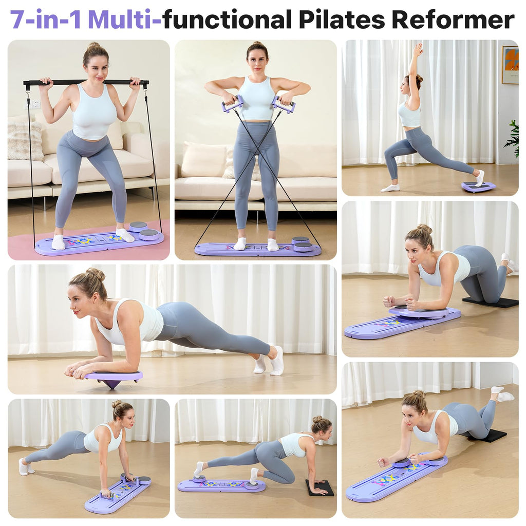Pilates Board, Pilates Reformer Set, 7 in 1 Multifunctional Pilates Reformer Machine with Timer, Portable Foldable Pilates Board for Home Workout, Pilates Kit with Storage Bag