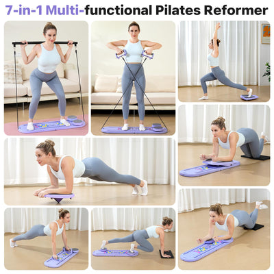Pilates Board, Pilates Reformer Set, 7 in 1 Multifunctional Pilates Reformer Machine with Timer, Portable Foldable Pilates Board for Home Workout, Pilates Kit with Storage Bag