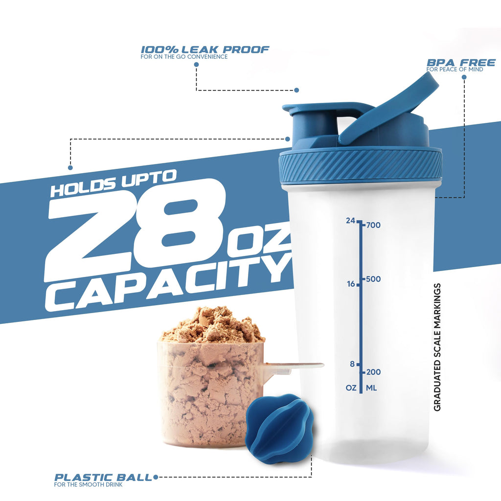 KICHLY Shaker Bottle 1 Pack - 28 Ounce Plastic Protein Shaker Bottle for Pre & Post workout with Twist & Lock Protein Box Storage (Clear/Navy)