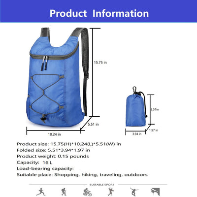 16L Lightweight Foldable Hiking-Backpack Small Packable-Daypack For Travel,Ultralight Water-Resistant Gym Bag Men Women Easy Carry-on (Royal Blue)