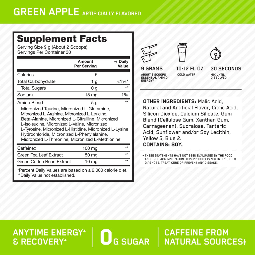 Optimum Nutrition Amino Energy - Pre Workout with Green Tea, BCAA, Amino Acids, Keto Friendly, Green Coffee Extract, Energy Powder - Watermelon, 30 Servings (Packaging May Vary)