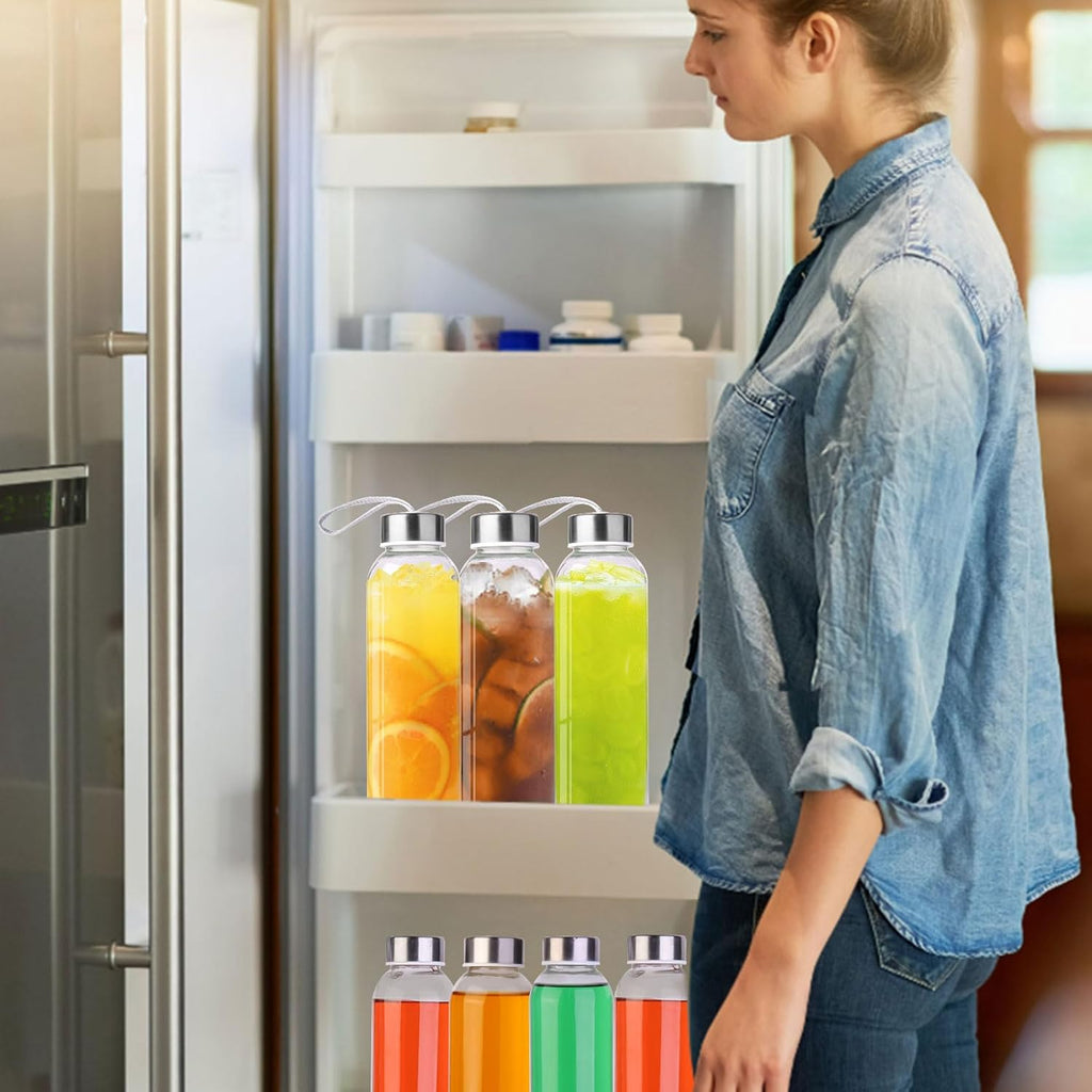 3 Packs Glass Water Bottles with Lid Clear Juice Bottles Reusable Bottle with Stainless Steel Cap Glass Cups Liquid Storage Containers for Juicing Beverage Refrigerator Travel-17oz