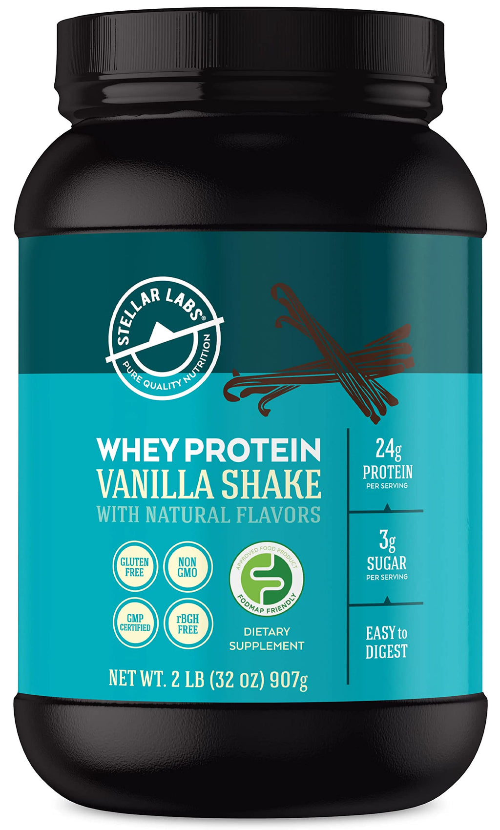 Stellar Labs Whey Protein Powder with BCAA's & Whey Isolate | Certified Low FODMAP, Non GMO, Gluten Free, Soy Free, Low Carb, Keto, with Stevia | All Natural Lean Post Workout Shakes | Salted Caramel