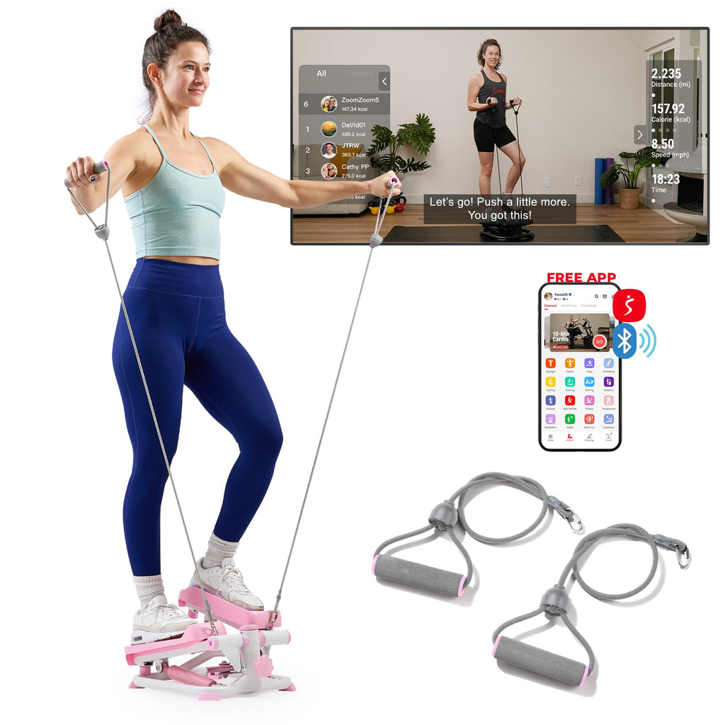 Sunny Health & Fitness Mini Stepper for Exercise at Home, Stair Step Workout Machine with Resistance Band and Over 300lb Weight Capacity, Optional Twist Motion and Free SunnyFit App Connection