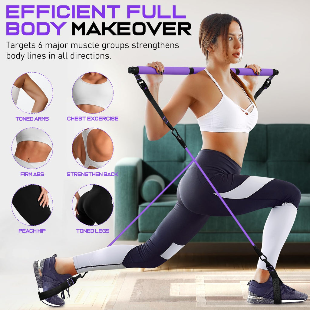 Pilates Bar Kit with Resistance Bands, Multifunctional Pilates Bar for Women & Men with Heavy-Duty Metal Adjustment Buckle, Pilates Home Equipment for Full BodyWorkouts