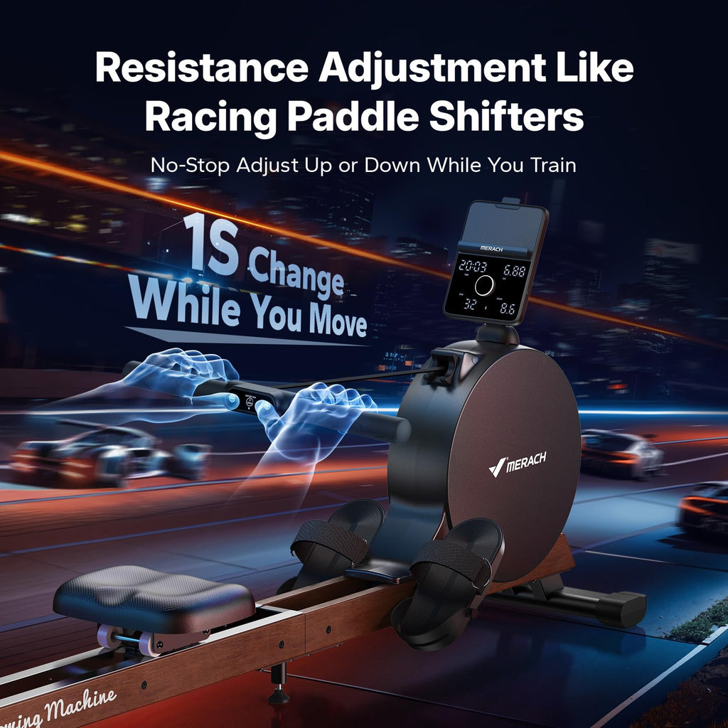 MERACH Pro-Grade Rowing Machines for Home, Smart Magnetic Rowing Machine with Self-Generation, Double Resistance and 400 LBS MAX Load, Wooden Tracks for Silent Sliding, MERACH App 1000+ Course & Games