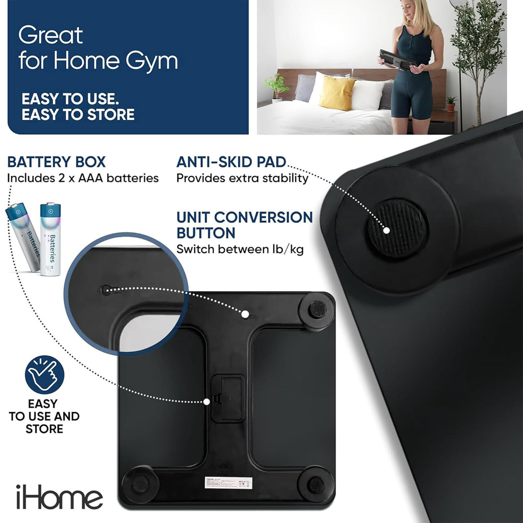 iHome Digital Bluetooth Smart Scale for Body Weight, Weight Scale, Including BMI, Body Fat, Muscle Mass, Batteries Included (Black Smart Bluetooth)