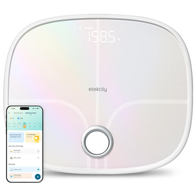 Etekcity Smart Rechargeable Scale for Body Weight, BMI, Fat, Muscle Mass, FSA&HSA Eligible, Digital Bathroom Scale with 13 Metrics, Secret Mode, Bluetooth Connect to Free Apps, Rainbow White