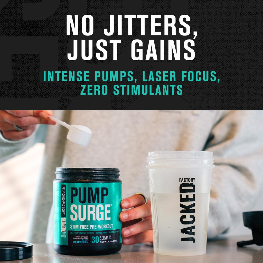 Jacked Factory Pumpsurge Caffeine Free Pre Workout for Men & Women - Nootropic Booster & Stim Free Pre Workout - Intense Pumps, Enhanced Focus - 30 Servings, Strawberry Lemonade