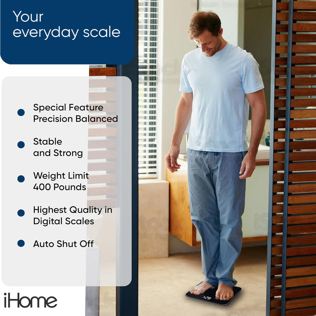 iHome Digital Bluetooth Smart Scale for Body Weight, Weight Scale, Including BMI, Body Fat, Muscle Mass, Batteries Included (Black Smart Bluetooth)