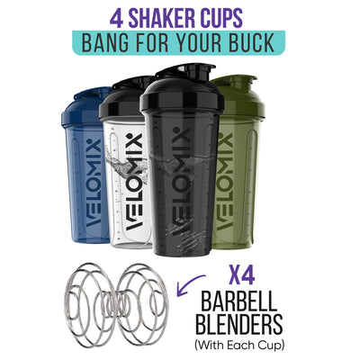 VELOMIX -4 PACK- 28 oz Protein Shaker Bottle for Protein Mixes - 4x Wire Whisk | Leak Proof Shaker Cups for Protein Shakes | Protein Shaker Bottle Pack | Protein Shake Cup (Brown)