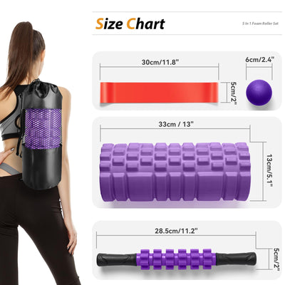 5 in1 Foam Roller Set, Trigger Point Foam Roller, Massage Roller Stick, Massage Ball, Resistance Band for Deep Muscle Massage Pilates Yoga,Fitness Exercise for Whole Body (Black-Red)