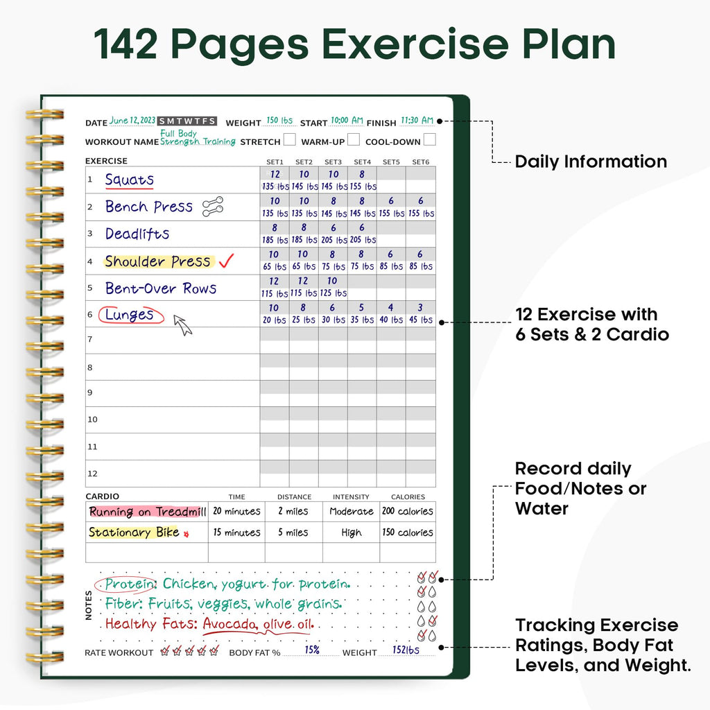 Fitness Workout Journal for Women & Men, A5(5.5" x 8.2") Workout Log Book Planner for Tracking, Progress, and Achieving Your Wellness Goals - Green
