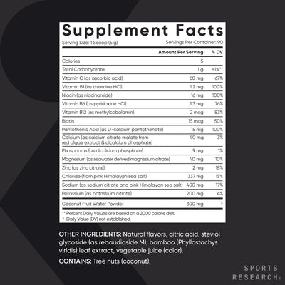 Sports Research® Hydrate Electrolytes Powder - Sugar-Free & Naturally Flavored with Vitamins, Minerals, and Coconut Water - Supports Hydration - Raspberry Lemonade - 90 Servings