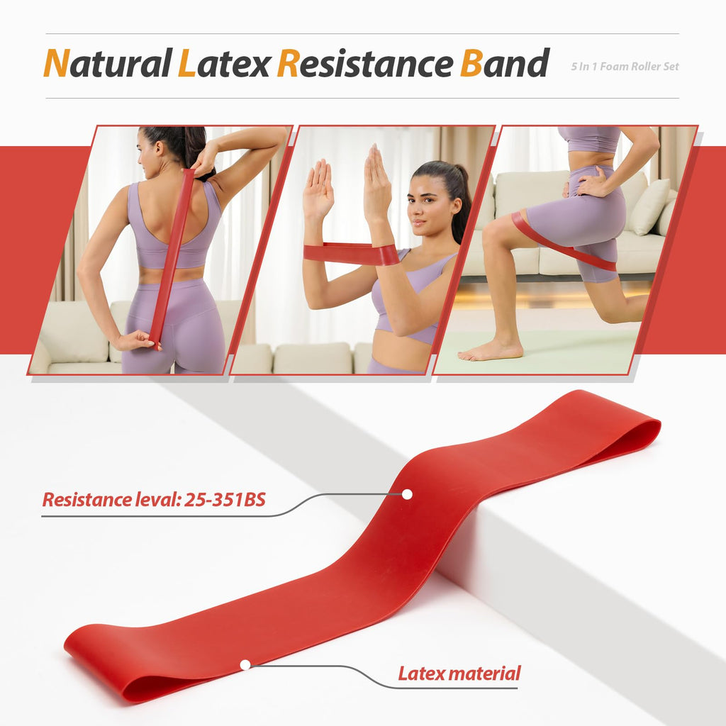 5 in1 Foam Roller Set, Trigger Point Foam Roller, Massage Roller Stick, Massage Ball, Resistance Band for Deep Muscle Massage Pilates Yoga,Fitness Exercise for Whole Body (Black-Red)