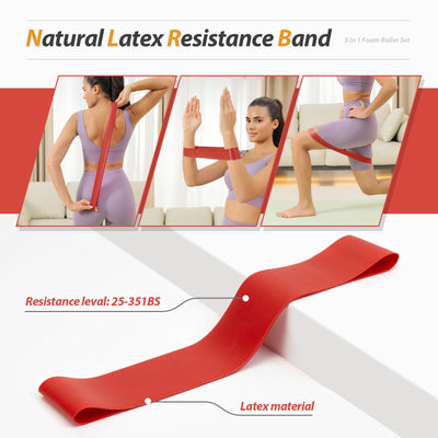 5 in1 Foam Roller Set, Trigger Point Foam Roller, Massage Roller Stick, Massage Ball, Resistance Band for Deep Muscle Massage Pilates Yoga,Fitness Exercise for Whole Body (Black-Red)