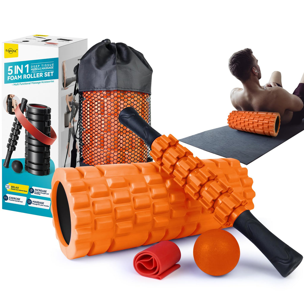 5 in1 Foam Roller Set for Deep Tissue Muscle Massage, High Density Fitness Exercise Foam Roller, Massage Roller, Massage Ball, Resistance Band, for Whole Body (Black)