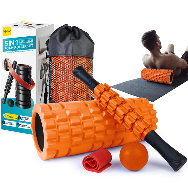 5 in1 Foam Roller Set for Deep Tissue Muscle Massage, High Density Fitness Exercise Foam Roller, Massage Roller, Massage Ball, Resistance Band, for Whole Body (Black)