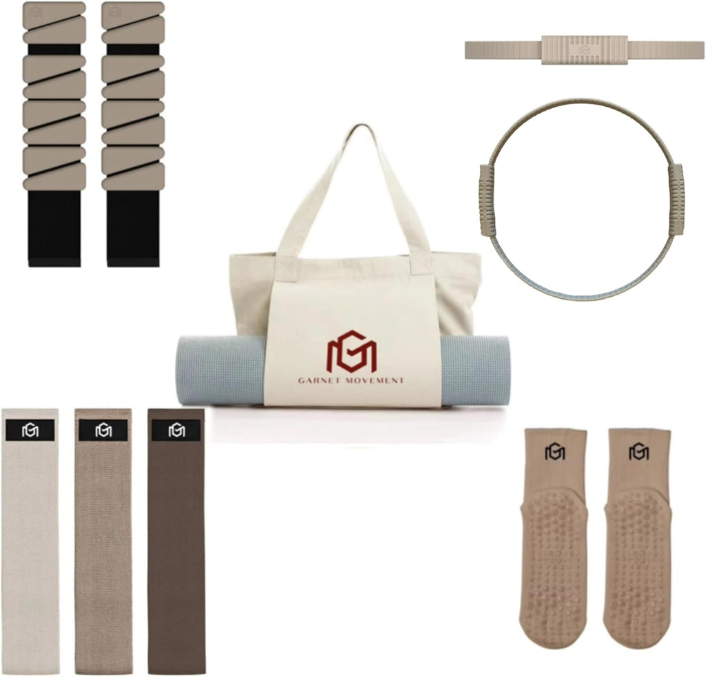 Home Pilates Essentials Kit 9 pcs. Pilates Ring Fitness Trainer, Ankle/Wrist Weights, Resistance Bands, Tote Bag, Grip Socks. Home or Gym/Studio Use. *MAT NOT Included*