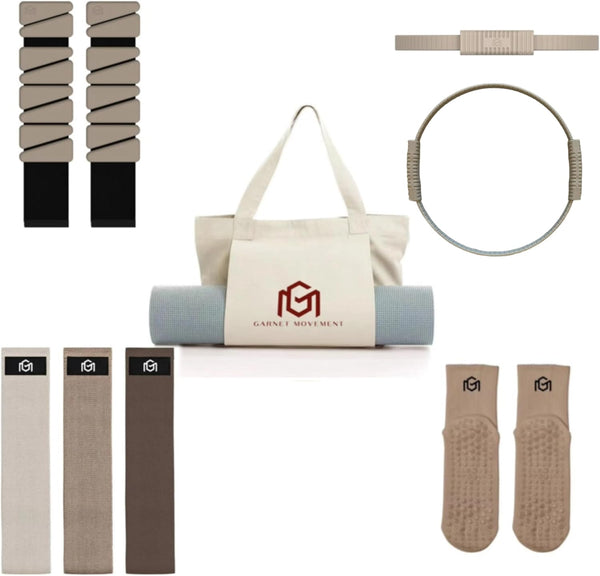 Home Pilates Essentials Kit 9 pcs. Pilates Ring Fitness Trainer, Ankle/Wrist Weights, Resistance Bands, Tote Bag, Grip Socks. Home or Gym/Studio Use. *MAT NOT Included*
