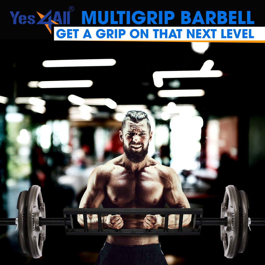 Yes4All Multi Grip Barbell & Cable Attachment - Swiss Bar, American Bar for Greater Range of Motion, with 2 Collars, Fits Olympic Weight Plates - Home Gym & Support Pressing, Lifting & Curls