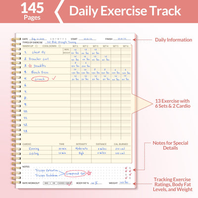 Fitness Journal Workout Planner for Women & Men, A5 (6.4" x 8.3") Workout Journal Log Book Planner Gift for Track Gym Essentials, Home Workouts, Track Progress, Achieve Wellness Goals, Pink